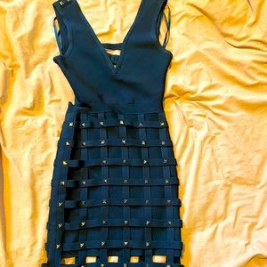 MIDI black caged Bebe dress with gold spikes